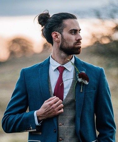 Mens Wedding Hairstyles, Long Slicked Back Hair, Formal Wedding Hairstyles, Man Bun Top Knot, Shoulder Length Straight Hair, Wedding Haircut, Man Bun Hairstyles, Wedding Bun, Tapered Hair