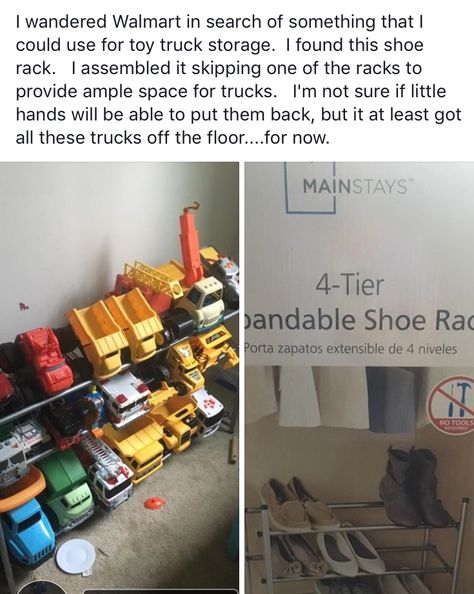 Use a shoe rack for Toy Truck storage                                                                                                                                                                                 More Big Toy Truck Storage, Play Truck Storage, Big Truck Storage Ideas, Organizing Big Toy Trucks, How To Organize Big Toy Trucks, Boys Big Truck Storage, Toy Truck Storage Ideas Playroom, Shoe Rack For Toy Trucks, Large Toy Vehicle Storage