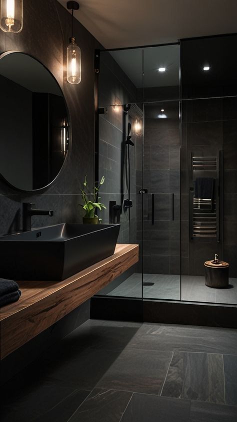 Dark Bathrooms Aesthetic, Black Bathroom Minimalist, Dark Restroom Ideas, Bathroom Dark Aesthetic, Black Restroom Ideas, Manly Bathroom Ideas, Black Bathroom Ideas Modern, Dark Small Bathroom Ideas, Shower Modern Design