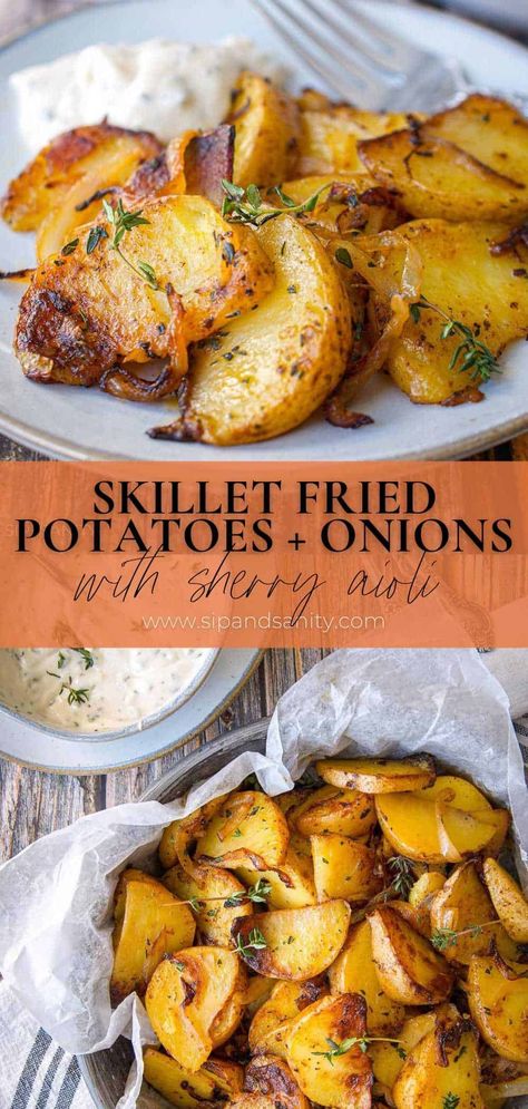 Potatoes and Onions with Sherry Aioli is a one-skillet dish that delivers bold flavor and comfort in every bite. It's right at home for breakfast, lunch or dinner, and works as a party appetizer, too. Potatoes And Onions Skillet, Skillet Potatoes And Onions, Fried Potatoes And Onions, Food Potatoes, Sauteed Squash, Sauteed Potatoes, Chicken Gumbo, Potatoes And Onions, Skillet Potatoes