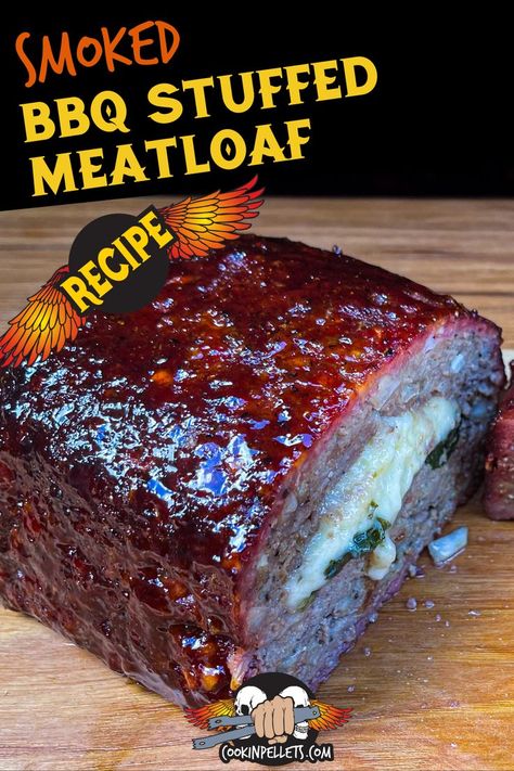 Smoker Meat Recipes, Smoked Hamburgers, Smoker Grill Recipes, Smoked Meatloaf Recipe, Easy Smoker Recipes, Pellet Smoker Recipes, Cheese Stuffed Meatloaf, Bbq Meatloaf, Stuffed Meatloaf