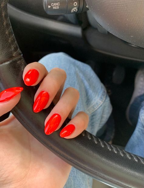 Vibrant Red Nails, Rounded Red Nails, Summer Red Nails 2024, Red Hot Nails, Red Ferrari Nails, Red Solid Nails, Red Summer Nails 2024, Nails 2024 Red, Bright Red Orange Nails