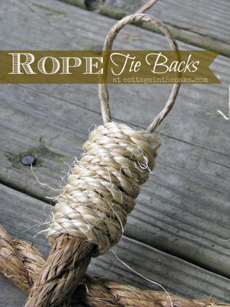 Rope Curtain Tie Backs ...... - Cottage in the Oaks Diy Curtain Tie Backs, Curtain Tie Backs Diy, Rope Curtain Tie Back, Rope Tie Backs, Ribbon Curtain, Rope Curtain, Diy Curtain, Porch Curtains, Nautical Looks