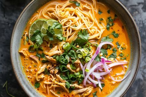 Chicken Khao Soi (Thai Coconut Curry Noodle Soup) - cookefast.com Thai Chicken Curry Soup Coconut Milk, Khoa Soi Recipe, Khao Soi Recipe, Chicken Thai Curry, Chicken Khao Soi, Thai Chicken Curry Soup, Coconut Curry Noodle Soup, Thai Coconut Curry Soup, Thai Chicken Noodles