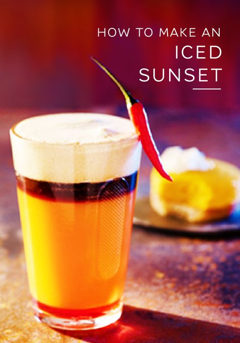 The rich color of this Sunset coffee recipe isn’t the only thing that will amaze you. Bold ingredients like Monin spicy syrup, mango juice, chili, and Ristretto Grand Cru give this vibrant iced coffee recipe its unique flavor. Watch the sun sink down in the sky after the end of another successful day as you enjoy this flavorful drink with your loved one. Coffee Mocktail Recipe, Signature Coffee Drinks, Spicy Syrup, Mango Coffee, Fruit Coffee, Nespresso Recipes, Iced Coffee Recipe, Nitro Coffee, Iced Drinks Recipes