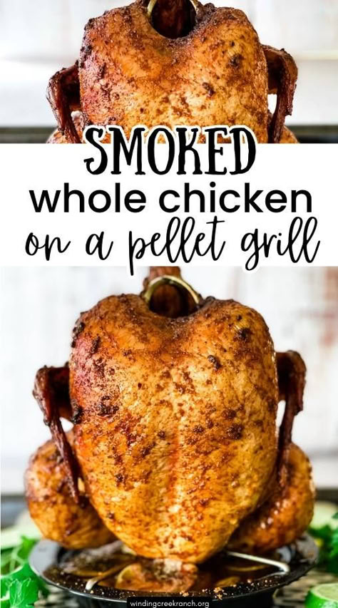 Golden-brown smoked whole chicken prepared on a pellet grill, beautifully crispy skin with tender meat, ready to be carved and served. Grilled Whole Chicken, Smoked Chicken Recipes, Smoked Whole Chicken, Whole Chicken Recipe, Whole Chicken Recipes, Smoker Cooking, Pellet Grill Recipes, Traeger Recipes, Smoked Meat Recipes