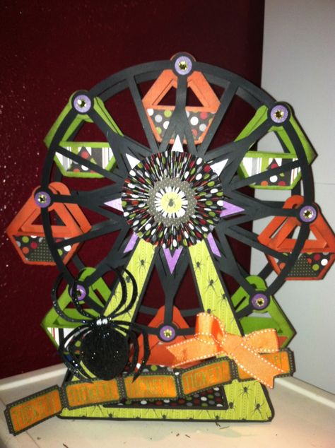 Teresa's awesome Halloween version of our Ferris Wheel. Treecreation Designs: Halloween Ferris Wheel Halloween Ferris Wheel, Cricut Boxes, Circus Games, Halloween Cards Ideas, Miniature Making, Fall Paper Crafts, Circus Crafts, Paper Buildings, Crafts With Paper