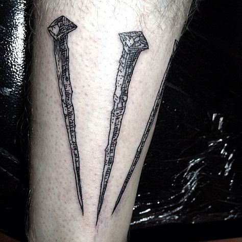 vert-de-gris:  Three rusty nails for Edward Three Nails Tattoo, 3 Nails Tattoo, Tattoos For Dad Memorial, Viking Tattoo Symbol, Rusty Nails, Nails Tattoo, 2 Tattoo, Engraving Tattoo, Tattoos Black