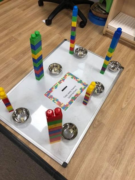 From Mr Mc - Early Years / Key Stage 1 - #MakingMemories Maths enhancement: Take away towers (subtraction) Rolling the dice, taking that many away and record as a number sentence. Race to take away their tower first. When it gets down to the smaller numbers (eg 2), we will discuss why you can’t take 4 away from 2 etc 🎉 Investigation Table, Maths Challenges, Reception Maths, Play Based Classroom, Maths Eyfs, Eyfs Maths, Ks1 Maths, Year 1 Maths, Finger Gym