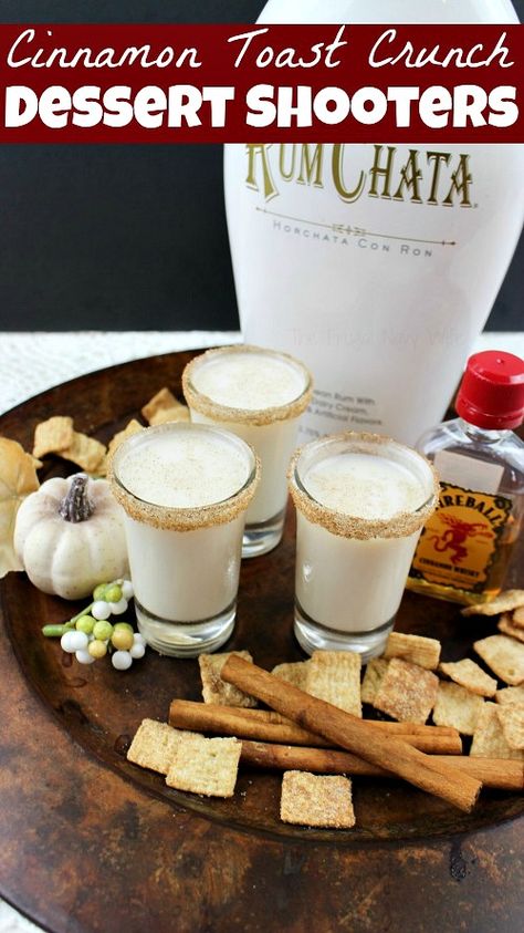 OK, who here can honestly say they do NOT like Cinnamon Toast Crunch? I love it and have since I was a kid. I have seen it used in breakfast bar, and even many desserts Cinnamon Toast Crunch Shots, Cinnamon Toast Crunch Shot, Drinks Friends, Flavored Margaritas, Dessert Shooters, The Best Dessert, Thrifty Thursday, Beverage Recipes, Cinnamon Toast Crunch