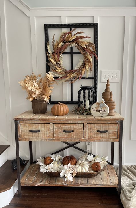 Fall Foyer Table Decor Farmhouse, Entry Way Fall Decorations, Fall Front Entry Way Table Decor, Farmhouse Fall Entry Table Decor, Autumn Sofa Table Decor, Fall Athestic, Tv Stand Fall Decor, Neutral Fall Entryway Table, Fall Entryway Decor Console Tables