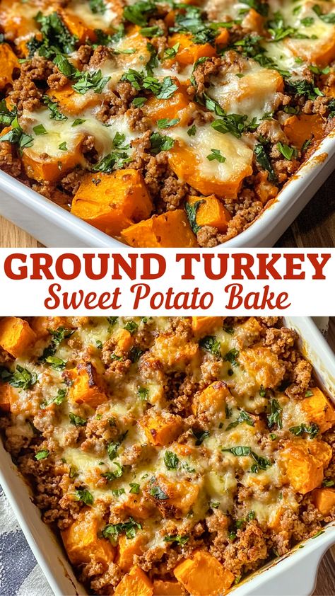 This Ground Turkey Sweet Potato Bake is a delicious and healthy one-pan meal that you'll want to make again and again! Packed with lean ground turkey, creamy sweet potatoes, and savory spices, it combines flavors that the whole family will love. Perfect for busy weeknights or meal prep! Save this recipe for a wholesome dinner that's sure to impress! Lean Ground Turkey Recipes Healthy, Simple Gf Meals, Lean Turkey Recipes Healthy, Dinner Meals With Sweet Potatoes, Ground Turkey And Sweet Potatoes Recipes, Meals Using Sweet Potatoes, Meal Prep Sweet Potatoes Baked, Healthy Meal Prep With Ground Turkey, Recipes With Ground Turkey And Potatoes