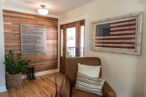 Fixer Upper - American flag, metal Army song sign, plank wall from original hardwoods Slatted Wood Wall, Magnolia Fixer Upper, Upper House, Hgtv Fixer Upper, Magnolia Farms, Americana Art, Two Bedroom House, Country Craftsman, Wall Niche