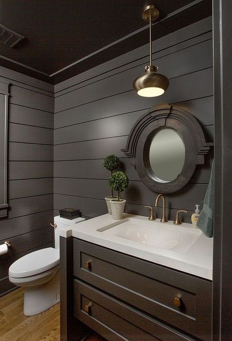 This screams a Restoration Hardware bathroom, minus the soap, the green towel and box on the toilet.  I wonder what they keep in the box, wet wipes? Shiplap Bathroom Wall, Classic Bathroom Design, Shiplap Cladding, Shiplap Bathroom, Dark Grey Walls, Gray Walls, Bad Inspiration, Craftsman Style Home, Furniture Vanity