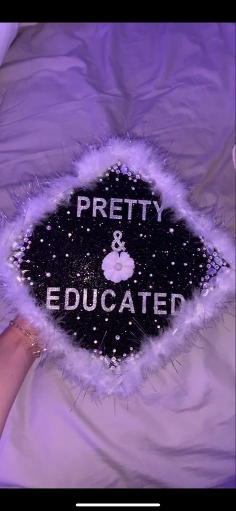 Pretty Caps For Graduation, Caps And Gowns Decoration, Pretty And Educated Grad Cap, 2000s Graduation Cap, Fluffy Graduation Cap, Graduation Cap Ideas Middle School, Megan Thee Stallion Graduation Cap, Graduation Cap Black Women, Fur Graduation Cap