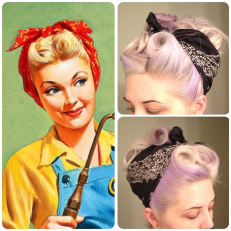 Retro bandana hair, victory rolls, pin curls, vintage, pinup. Handkerchief Hairstyles, Pinup Hairstyle, 1940 Hairstyles, Hairstyles Bandana, Vintage Wedding Nails, Hairstyle Diy, Cabelo Pin Up, Victory Roll, Hairstyle Drawing