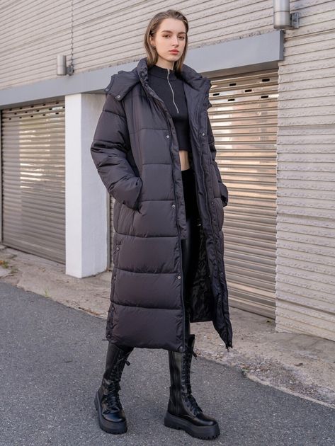 DAZY Slant Pocket Zipper Hooded Longline Puffer Coat | SHEIN USA Long Puffer Jacket Outfit, Puffer Jacket Outfit, Long Puffer Coat, Long Puffer, Coat Pocket, Winter Coats Women, Black Style, Winter Fashion Outfits, Puffer Coat