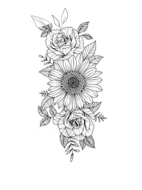 Roses And Sunflowers Drawing, Sunflower Upper Arm Tattoos For Women, Sunflower And Rose Tattoo Design, Sunflower Tattoo Template, Roses And Sunflowers Tattoo Half Sleeves, Sunflower Forearm Tattoo Women, Floral Piece Tattoo, Sunflower And Roses Tattoo, Sunflower Tattoo Sketch