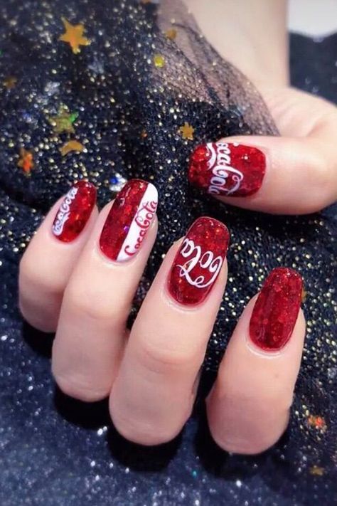 Top Ten Personalized Nail Art Designs in 2019: Coca-Cola Nail Art #Nail Art #Nail #Coca-Cola Coca Cola Nails, Coke Nails, Pop Nails, Chloe Nails, Teen Nails, Gucci Nails, Crazy Nail Art, Art Nail Art, Nail Logo