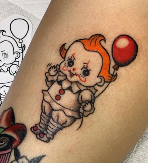 Pennywise kewpie tattoo IT IT chapter 2 Horror Tattoo Ideas, Pennywise Tattoo, Kewpie Tattoo, Cute Halloween Tattoos, Pumpkin Tattoo, Clown Tattoo, Doll Tattoo, Theme Tattoo, Kawaii Tattoo