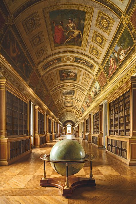 A Day at Château de Fontainebleau library A Globe, Bookshelves, Globe, Books