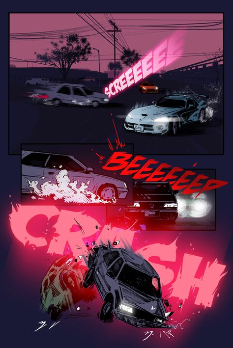 Original comic “Code 3” by Robert Zag #comic #comics #page #crash #cars #digitalillustration #racing #illustration #drawing Car Scene Drawing, Car Storyboard, Racing Car Illustration, Racing Illustration, Comic Scene, Apollo Statue, Storyboard Ideas, Head Anatomy, Comic Book Layout