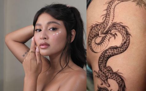 Nadine Lustre Tattoo, Large Dragon Tattoo, Tattoo At The Back, Nadine Tattoo, Dragons Tattoo, Large Dragon, Small Pretty Tattoos, Romantic Book Quotes, Nadine Lustre