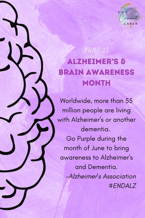 "June is Alzheimer's and Brain Awareness Month. Go Purple by Turning your Facebook purple by changing your profile picture, wear purple, and/or join the conversation and use #endalz. https://www.alz.org/abam/overview.asp #thecompassionatecarer #endalz" Alzheimer’s Awareness Month, June Awareness Month, Alzheimer's Awareness, Health Fair, Alzheimers Awareness, Your Profile, Alzheimers, Profile Picture, Brain