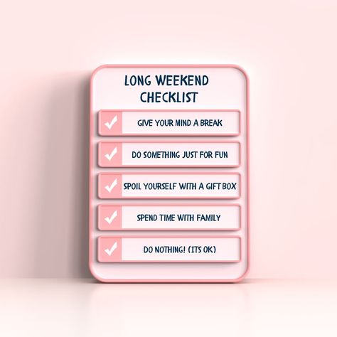 🌟 Long Weekend Checklist 🌟 This long weekend, prioritize self-care and quality time. Here's your checklist for a rejuvenating and memorable break: ✅ Give Your Mind a Break: Take a pause from the daily grind. Let your mind relax and wander. Meditate, read, or simply find a peaceful spot to clear your thoughts. ✅ Spoil Yourself with a Pamper Gift Box: Treat yourself like the royalty you are! Invest in a luxurious pamper gift box filled with skincare, scented candles, and your favourite goodies! Weekend Checklist, Mind Relaxation, Pampering Gifts, Daily Grind, Spoil Yourself, Long Weekend, Quality Time, Scented Candles, Self Care