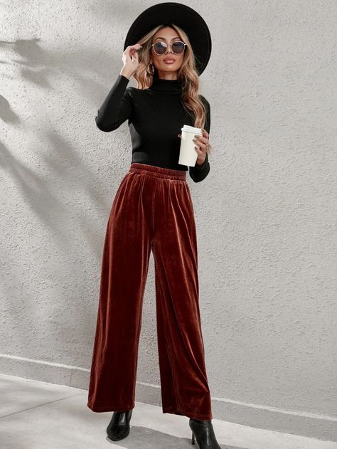 High Waist Velvet Wide Leg Pants | SHEIN USA Velvet Wide Leg Pants Outfit, Brown Velvet Pants Outfit, Velvet Pants Outfit Party, Velvet Pants Wide Leg, Red Velvet Pants Outfit, Casual Wide Leg Velvet Pants, Elegant Wide Leg Velvet Bottoms, Wide-leg Velvet Pants For Party, Jollywood Nights