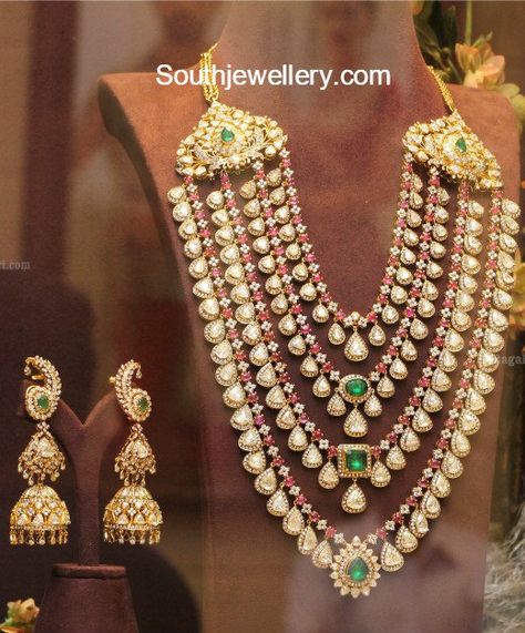 Layered Polki Haram and Jhumkas by Musaddilal Gems and Jewels Polki Haram, Necklaces Layered, Haram Designs, Saree Bollywood, Pearl Necklace Designs, Gold Necklace Indian Bridal Jewelry, Bridal Accessories Jewelry, Bridal Diamond Jewellery, Antique Jewelry Indian