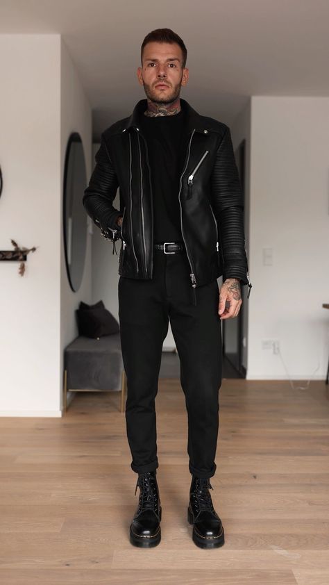 Men’s All Black Club Outfit, Metal Band Outfit Men, Health Goth Men, Mens Techno Outfit, Men Gothic Outfit, Leather Jacket Outfit Men Formal, All Black Casual Outfit Men, Mens Black Leather Jacket Outfit, Night Out Outfits Men