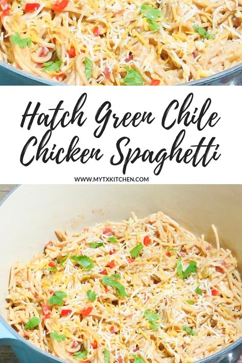 Hatch Green Chile Chicken Spaghetti | My Texas Kitchen | Lightened up Texas comfort food. No canned soup.   #comfortfood #chicken #chickenspaghetti #dinnerinspo Hatch Green Chili Recipe, Hatch Chili Recipes, Southwest Sauce, Hatch Chile Recipes, Hatch Green Chili, Green Chile Recipes, Chili Pasta, Green Chili Recipes, Texas Kitchen