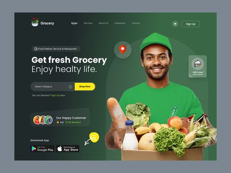 Grocery shop Website UI by Tazrin💫 on Dribbble Grocery Website, Hero Section, Shop Website, Fresh Groceries, Ui Design Website, Custom Web Design, Ecommerce Website Design, Foods Delivered, App Store Google Play