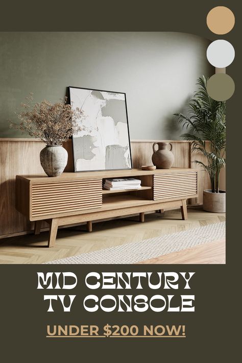 Introducing our budget-friendly 'Mid Century Modern Wood TV Console'! Elevate your living room with this boho-inspired TV stand, perfect for 55/60/65 inch TVs. Featuring fluted sliding doors and a low profile design, this modern entertainment center adds charm and functionality to any space. Upgrade your home entertainment without breaking the bank! #AffordableFurniture #TVConsole #BohoDecor #MidCenturyModern 📺✨ Low Profile Tv Stand, Modern Entertainment Center, Wood Tv Console, Mid Century Modern Wood, Entertainment Console, Modern Tv, Tv Console, Home Entertainment, Affordable Furniture