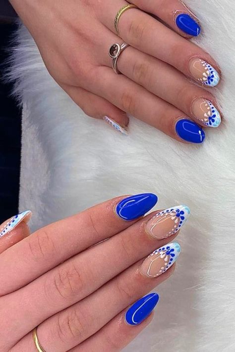 Greek Vacation Nails, Corfu Nails, Greek Holiday Nails, Greek Inspired Nails, Simple Almond Acrylic Nails, Greek Nail Art, Greece Nails Designs, Greek Nails Designs, Santorini Nails