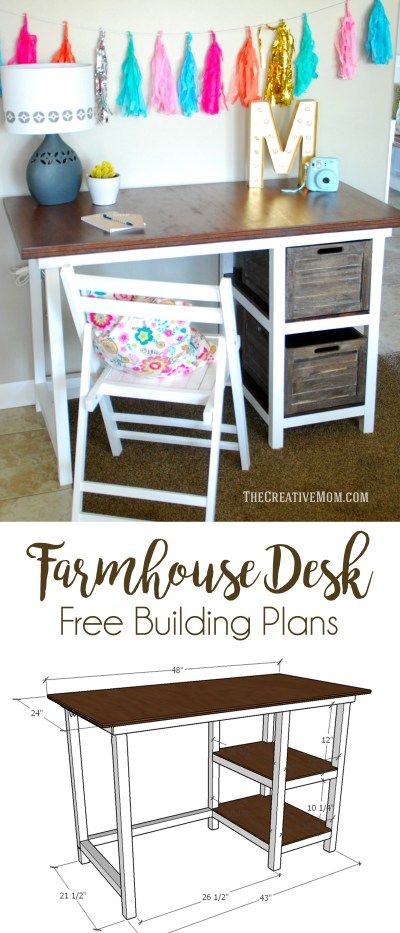 Diy Farmhouse Desk, Diy Computer Desk, Free Building Plans, Farmhouse Desk, Desk Plans, Dekor Diy, Diy Desk, Diy Planner, Diy Farmhouse