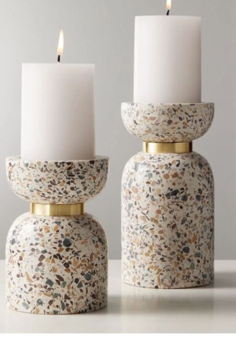 Jesmonite Terrazzo, Wood Pillar Candle Holders, Pillar Holders, White Pillar Candles, Decoration Shabby, Teal And Orange, Unique Candle Holders, Ceramic Decoration, Modern Candle Holders