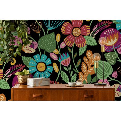 Wildon Home® Ashee Floral Roll | Wayfair Flower Wall Murals, Pink And Orange Flowers, Office Mural, Nature Illustrations, Flower Mural, Mural Ideas, Drops Patterns, Paint Diy, Bohemian Flowers