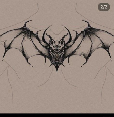 Mens Black Out Tattoo, Skeletal Bat Tattoo, Spooky Bat Tattoo, Neotraditional Bat Tattoo Design, Thigh Bat Tattoo, Bat Chest Tattoo Men, Dark Wings Tattoo, Gothic Bat Tattoo, Bat Tattoo Gothic