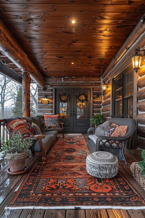 Attractive Log Cabins Log Cabin Porch Ideas, Cabin Wrap Around Porch, Hunting Cottage, Cozy Scenery, Log Cabin Makeover, Cabin Porch Ideas, Log Cabin Rooms, Cabin Front Porch, Log Cabin Porch