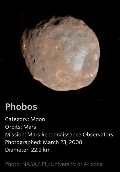 Phobos - a Mars Moon Phobos Moon, Mars Moons, Solar System Poster, Moon Orbit, Solar System Crafts, Astronomy Facts, Astronomy Constellations, Astronomy Science, Planet Mars