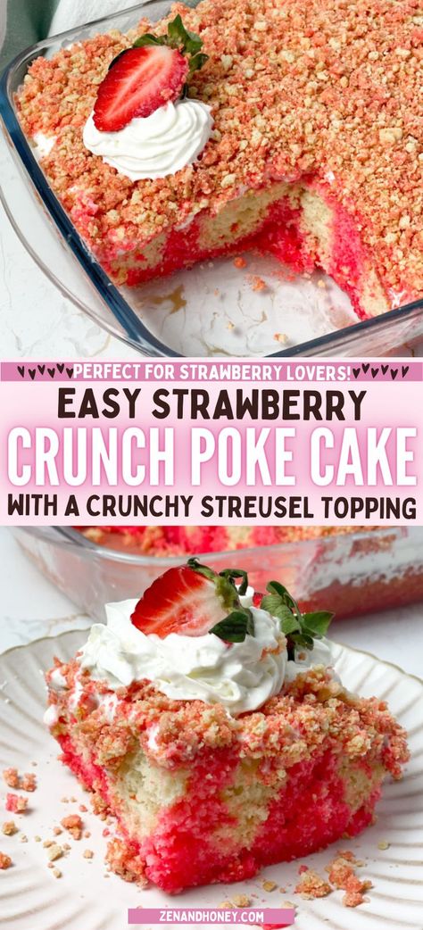 Strawberry crunch poke cake that your friends will ask you to make for every celebration, I am telling you. Made with white cake mix, strawberry jello, golden Oreo cookies, fresh strawberries and heavy whipping cream. The perfect combination for a homemade poke cake. Poke Cake Strawberry, Poke Cake Recipes Jello, Strawberry Crunch Poke Cake, Best Easy Dessert, Strawberry Jello Cake, Strawberry Poke Cake, Poke Cake Jello, Crunch Topping, Strawberry Crunch Cake