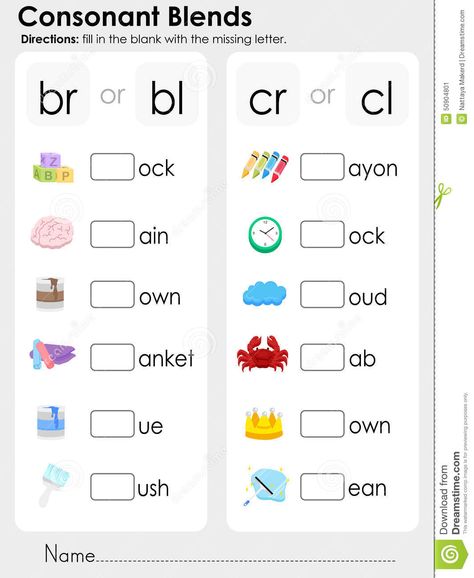 Consonant Blends : Missing Letter - Worksheet For Education Stock Vector -  Image: 50904801 Consonant Blends Worksheets, Blends Activities, Phonics Blends, Letter Blends, Kindergarten Phonics, Blends Worksheets, Blends And Digraphs, Blending Sounds, Consonant Blends