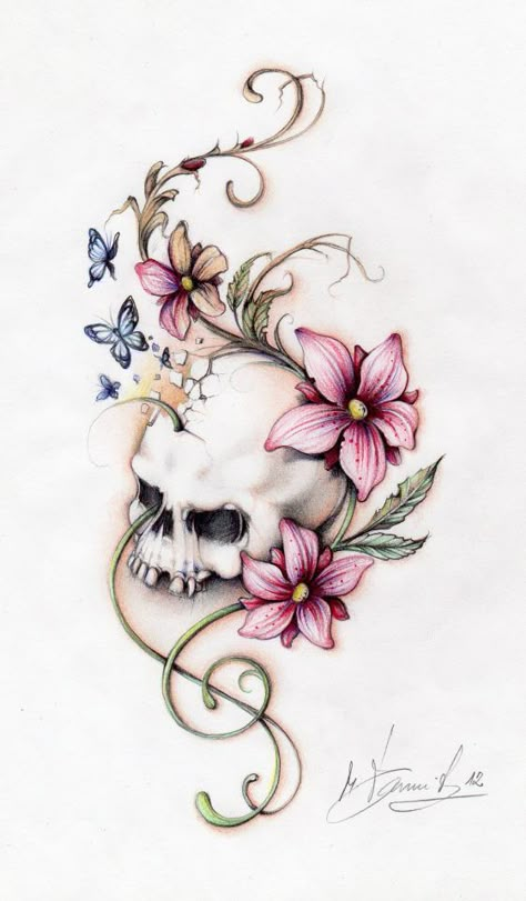 Different flower color, tiny dragons instead of butterflies, darker Skull Tattoos With Flowers, Skull Tattoos For Women, Girly Skull Tattoos, Girly Skull, Skull Tattoo Flowers, Feminine Skull Tattoos, Skull Rose Tattoos, Skull And Flowers, Tattoo Posters