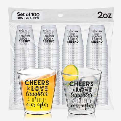 PRICES MAY VARY. Fun Wedding Decorations - Win over everybody’s attention and say 'Cheers To Love Laughter and Happily Ever After' with our cheers shot glasses perfect for weddings, bachelorette shot glasses but also for bridal showers, engagement parties, and other special occasions. They come in a set of 100, and each engagement shot glass holds 2 oz. With High-Quality Prints - Make Your Wedding Reception Shine with bachelorette party cups for guests. These disposable wedding cups crystal clea Shot Glass Wedding Favors, Wedding Shot Glasses Favors, Shot Glass Wedding Favors Ideas, Bridal Party Shot Glasses, Disposable Wedding Cups, Wedding Beer Glasses Favor, Wedding Party Favors Shot Glass, Wedding Reception Party Favors, Bachelorette Shot Glasses