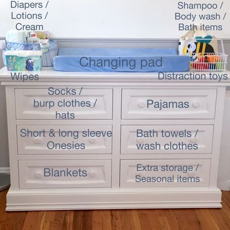 How To Organize Nursery, Baby Shelf Organization, Organizing Nursery Dresser, Nursery Armoire Organization, Organizing Baby Closet, Baby Dresser Organization Ideas, How To Organize Baby Dresser, Simple Small Nursery Ideas, Baby In Bedroom With Parents