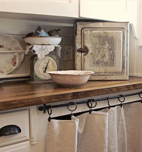 miss gracie's house Drop Cloth Curtains, Primitive Kitchen, Chic Kitchen, Shabby Chic Kitchen, Farmhouse Sink, Kitchen Curtains, Kitchen Cupboards, Kitchen Pantry, Counter Top