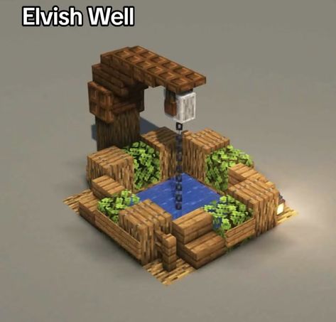 Wells In Minecraft, Minecraft Cute Outdoor Decor, Minecraft Small Village Ideas, Well Design Minecraft, Minecraft Village Details, Elvish Minecraft Builds, Lantern Ideas Minecraft, Minecraft House Ideas Spruce, Minecraft Upgraded Village House