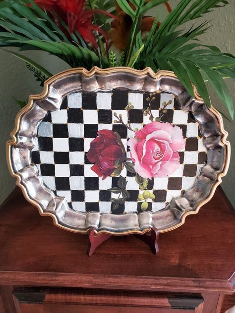 Black and white checked silver tray Silver Trays Decor Ideas, Silver Tray Decor, Tray Makeover, Mackenzie Childs Diy, Gold Leaf Paint, Easy Crafts To Sell, Mackenzie Childs Inspired, Mckenzie And Childs, Silver Platters